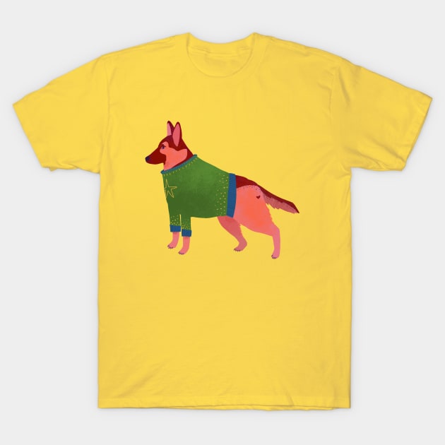 German Shepherd in a fancy, festive sweater T-Shirt by Kathy Osborne Studio